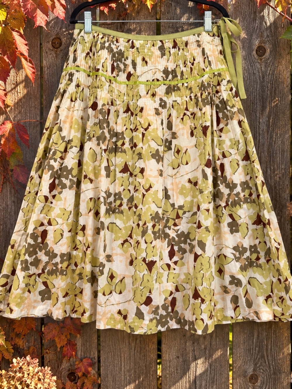 Y2K Botanical Floral Pleated Midi Skirt Ribbon Garden Party S, Whimsical